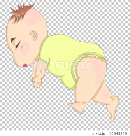 Baby in yellow clothes sleeping sideways 93045259