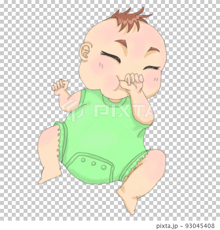 Baby in green clothes sleeping while sucking his thumb Baby in green clothes sleeping while sucking his thumb 93045408