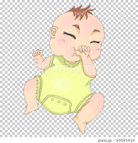 穿著黃色衣服的嬰兒一邊吮吸拇指一邊睡覺 93045410