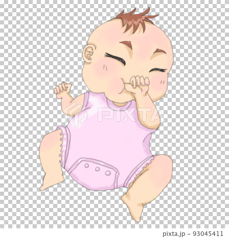 穿著粉紅色衣服的女嬰一邊吮吸手指一邊睡覺 93045411