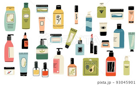 Beauty skincare products. Makeup cosmetic. Cleanser lotion lipstick jar. Vector skin care illustration 93045901