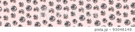 donuts on a pink background top view. Flat lay of delicious nibbled chocolate donuts. used as donut banner or poster background, not pattern. donuts on a pink background top view. Flat lay of delicious nibbled chocolate donuts. used as donut banner or poster background, not pattern. 93046149