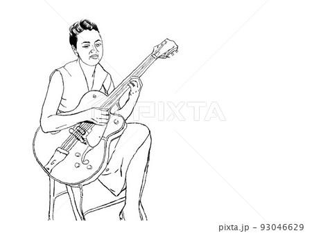 ジャズ、線画、女性ギタリスト 93046629