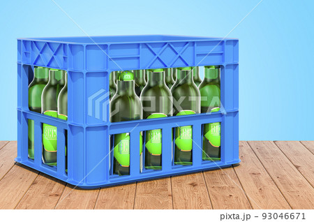 Crate with beer bottles on the wooden table, 3D rendering 93046671