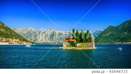 Small church on islet at Bay of Kotor in Montenegro 93046715