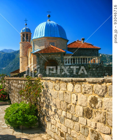 Small church on islet at Bay of Kotor in Montenegro 93046716