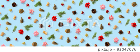 modern christmas background on blue backdrop. creative flat lay for christmas time, banners, posters, prints and other creative works. 93047076