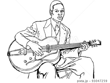 ジャズ、線画、ギター 93047259