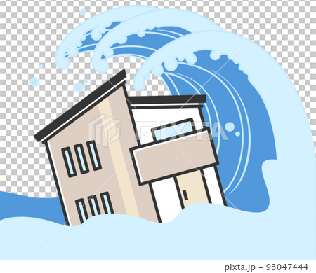 Illustration of a house damaged by a tsunami 93047444