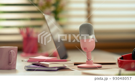 Home studio podcast, microphone, laptop and on air. 93048057