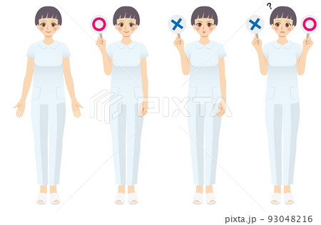 働く女性イラストセット　全身　看護師　ショートカット　マルとバツ 93048216