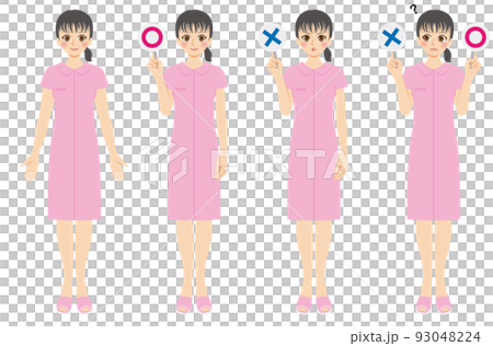 働く女性イラストセット　全身　看護師　ピンクユニフォーム　マルとバツ 93048224