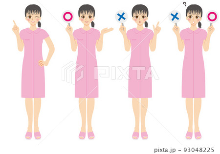 働く女性イラストセット　全身　看護師　ピンクユニフォーム　マルとバツ 93048225
