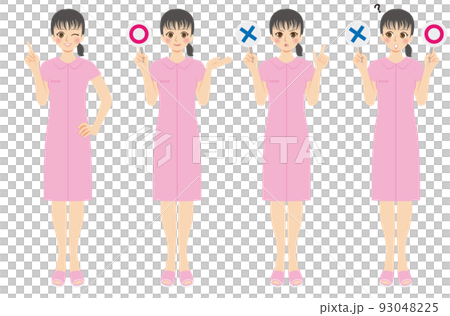 働く女性イラストセット　全身　看護師　ピンクユニフォーム　マルとバツ 93048225