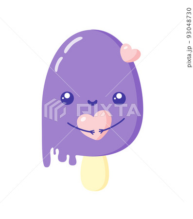 Cute cartoon ice cream with funny face and pink hearts. Kawaii character for kids design. Flat vector illustration. 93048730