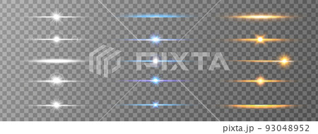Light line set. Flare effect beam. Shiny sun. Neon effect. Sparkle speed energy. Glow streak ray. Laser. Sun burst. Magic explosion. Orange, blue, white glare. Streak motion. Vector illustration 93048952