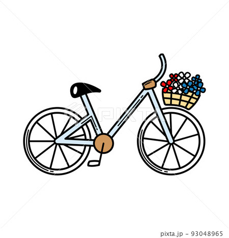 Cartoon bicycle with flowers basket. Black outlined vehicle isolated on white background. Decorative element. Cartoon bicycle with flowers basket. Black outlined vehicle isolated on white background. Decorative element. 93048965