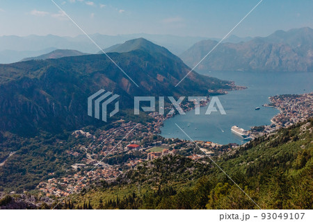 Kotor Bay - Montenegro - nature and architecture background. Kotor bay seen from above. Panoramic view on Kotor bay, Montenegro. Kotor in a beautiful summer day, Montenegro. 93049107