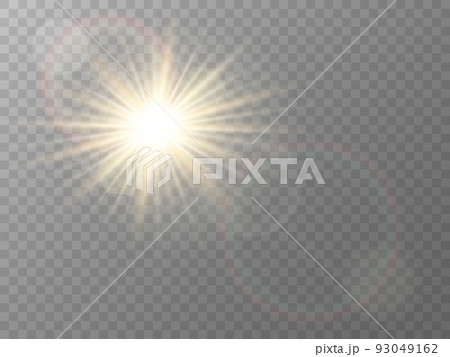 Sun light effect. Lens flare and beams. Glare and flash isolated on transparent backdrop. Light rings and highlights. Warm sunlight. Spring or summer concept. Vector illustration 93049162