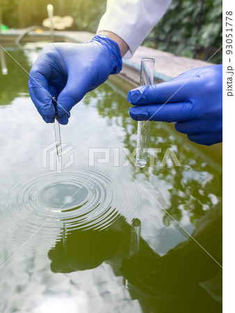 Water sample. Bacterial control of pool water. Checking the amount of algae, harmful substances and chemicals. Laboratory study of water from artificial reservoirs. Taking liquid into a test tube 93051778