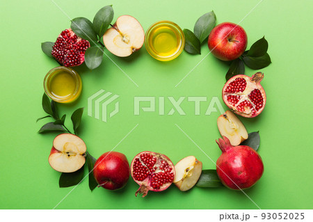 Rosh hashanah concept. Frame made of symbols jewish New Year holiday Traditional. Top view with copy space Rosh hashanah concept. Frame made of symbols jewish New Year holiday Traditional. Top view with copy space 93052025
