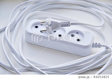 White electric extension cord, great design for any purposes. White background. 93053825