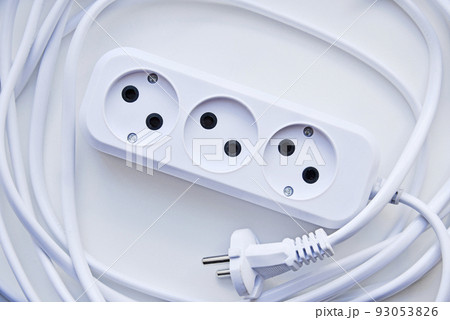White electric extension cord, great design for any purposes. White background. 93053826