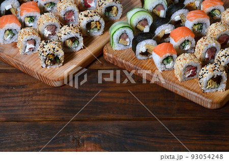 Sushi set of a number of rolls is located on aの写真素材 Sushi set of a number of rolls is located on aの写真素材