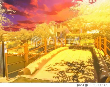 夕焼けのため池公園前と橋 93054842
