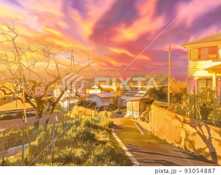夕暮れの町外れの散歩道 93054887