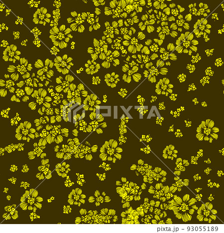 Yellow small flowers on a brown background. Seamless print. Vector illustration 93055189