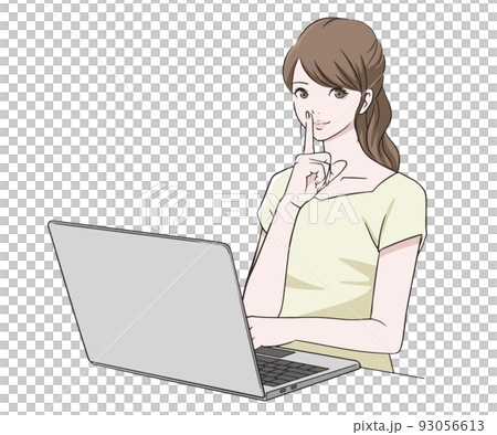 PC前で人差し指を口に当てる女性 PC前で人差し指を口に当てる女性 93056613