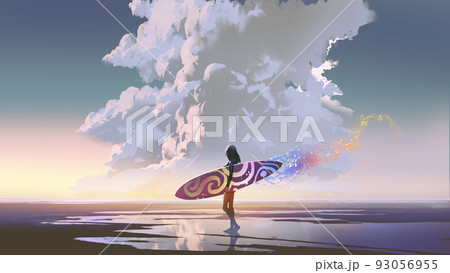 Surfer girl with magic surfboard 93056955
