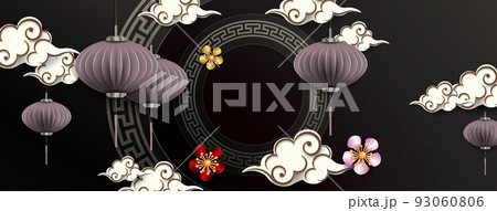 Round frame on a dark background, isolated flowers, clouds and lanterns in the style of paper art 93060806