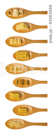 Wooden cooking spoons filled with various types dry pasta 93063008