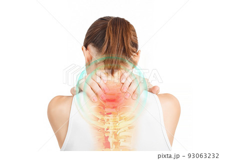 Spine of woman with neck pain. Young woman holding his neck in pain. 93063232