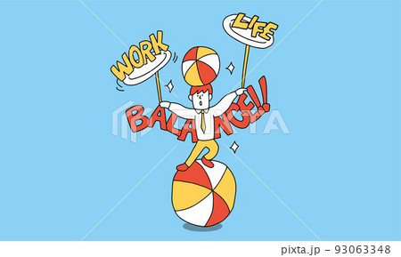 ワークライフバランスを器用に実現するビジネスマンのイラスト　玉乗り・皿回し 93063348