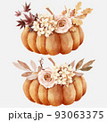 Pumpkin with floral bouquet in watercolor style 93063375