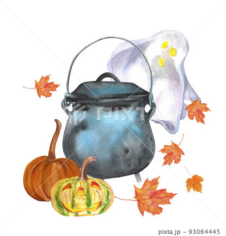 Watercolor illustration of vintage cast iron witchy cauldron, cute little ghost and halloween pumpkin. isolated on white background. Magic hand drawn collection. Perfect for card design, invitation 93064445