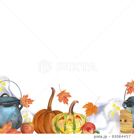 Watercolor illustration of vintage cast iron witchy cauldron, cute little ghost, caramel apple and halloween pumpkin. isolated on white background. Magic hand drawn collection. Perfect for card design Watercolor illustration of vintage cast iron witchy cauldron, cute little ghost, caramel apple and halloween pumpkin. isolated on white background. Magic hand drawn collection. Perfect for card design 93064457
