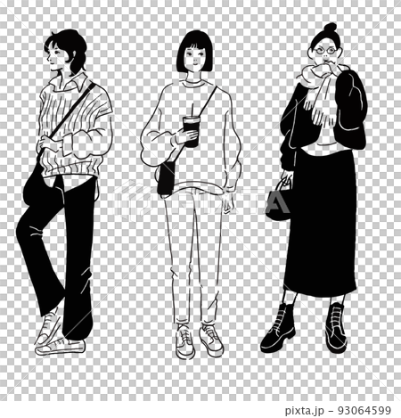 Vector line drawing set of fashionable women Vector line drawing set of fashionable women 93064599