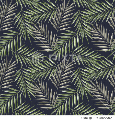 Beautiful tropical seamless pattern with hand drawn watercolor palm tree leaves. Stock illustration. 93065502