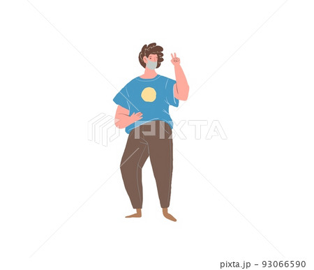Flat cartoon woman character in medical face mask rejoice,coronavirus protection vector illustration concept 93066590