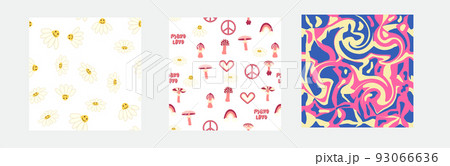 1970s Set of retro seamless pattern. Floral, swirl, mushrooms, peace symbol, camomile, smile. 93066636