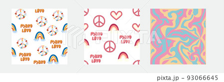 1970s Set of retro seamless pattern. Floral, swirl, mushrooms, peace symbol, camomile, smile. 93066645