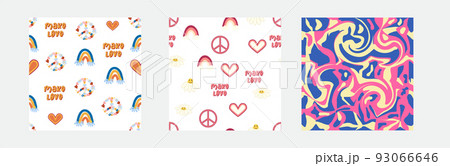 1970s Set of retro seamless pattern. Floral, swirl, mushrooms, peace symbol, camomile, smile. 93066646