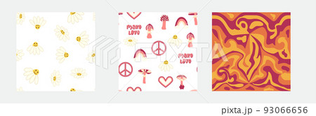 1970s Set of retro seamless pattern. Floral, swirl, mushrooms, peace symbol, camomile, smile. 93066656
