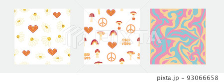 1970s Set of retro seamless pattern. Floral, swirl, mushrooms, peace symbol, camomile, smile. 93066658