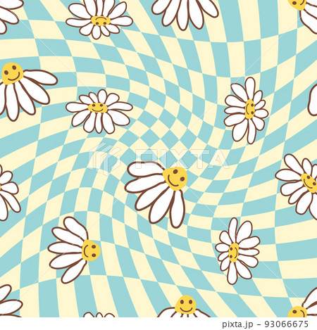 Retro Smile Chamomile Seamless Pattern on 1970 Wavy Swirl Seamless Pattern. Hippie Aesthetic. 93066675