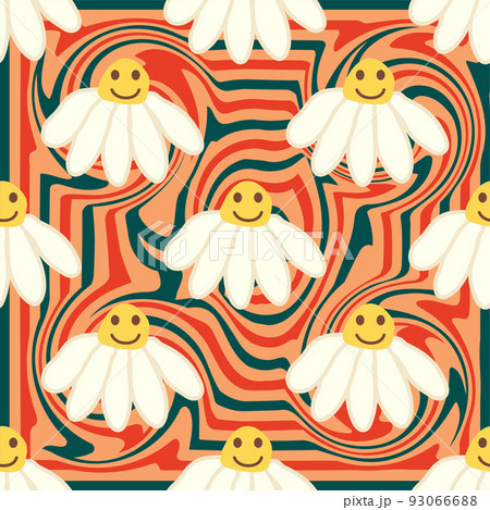 Retro Smile Chamomile Seamless Pattern on 1970 Wavy Swirl Seamless Pattern. Hippie Aesthetic. 93066688